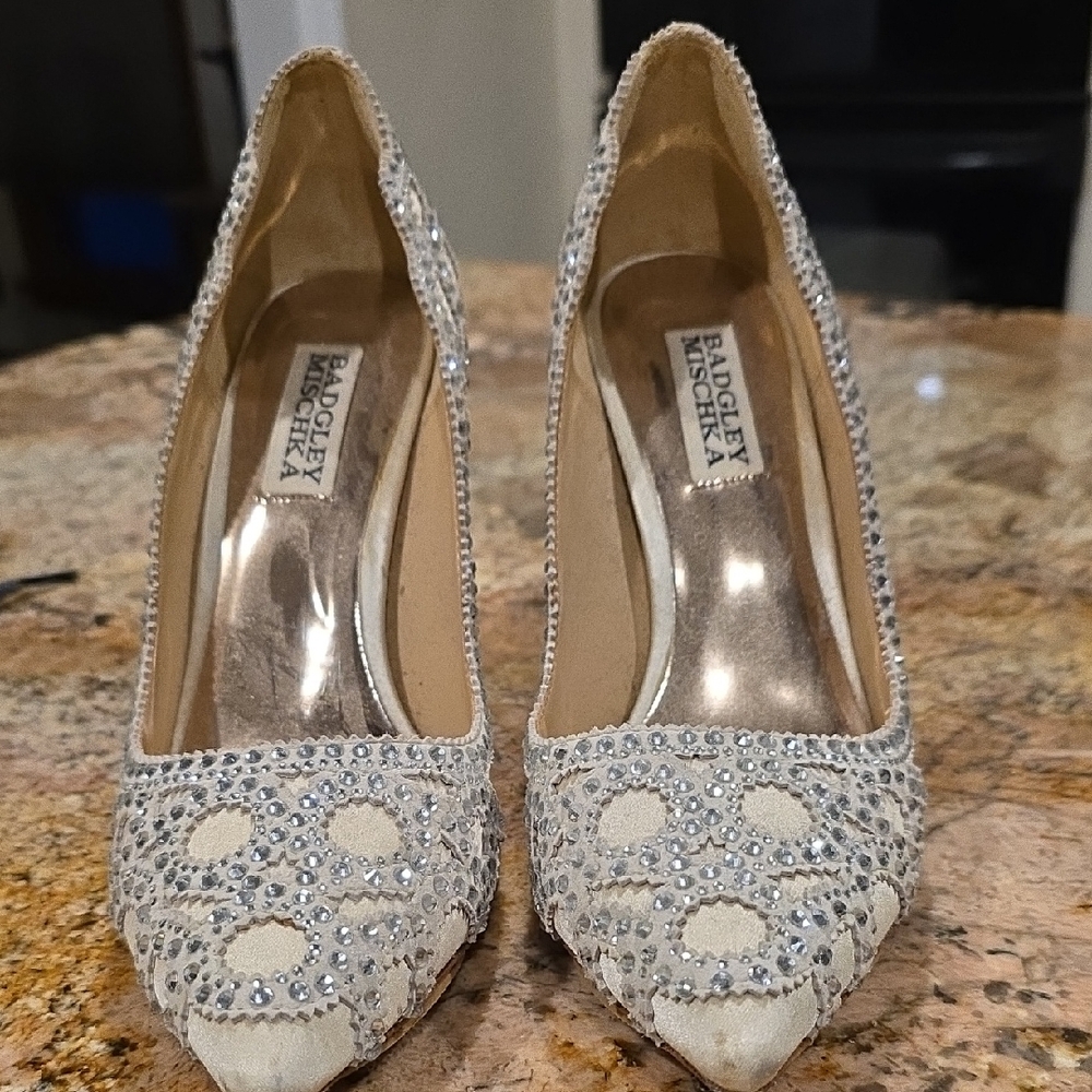 Badgley Mischka Cream and Silver Embellished Heels